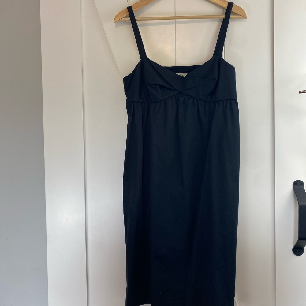 LOFT Black Ruched Midi Slip Dress with pockets 100% cotton Preppy